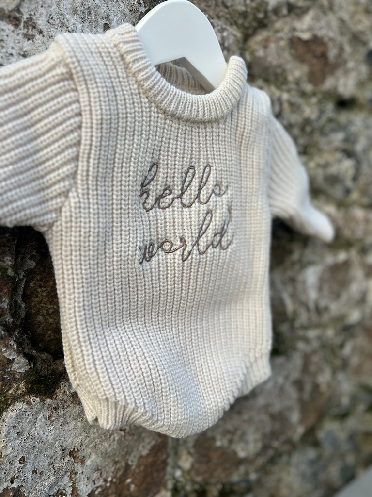 ‘HELLO WORLD’ KNIT ROMPER AND HAT SET