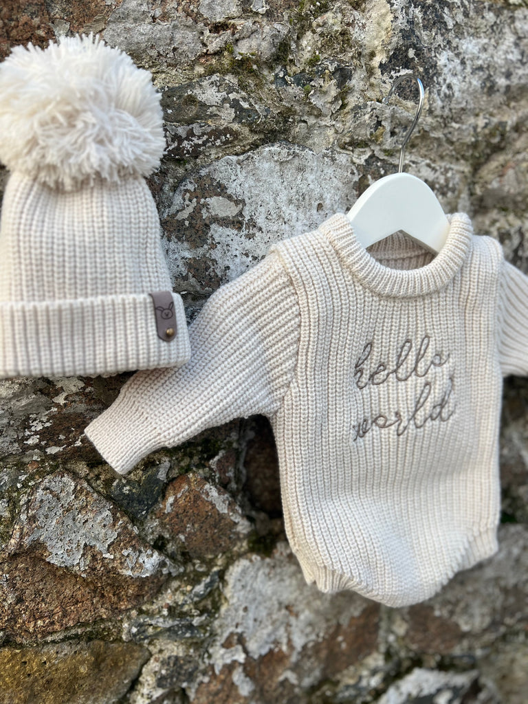 ‘HELLO WORLD’ KNIT ROMPER AND HAT SET