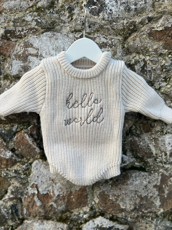 ‘HELLO WORLD’ KNIT ROMPER AND HAT SET