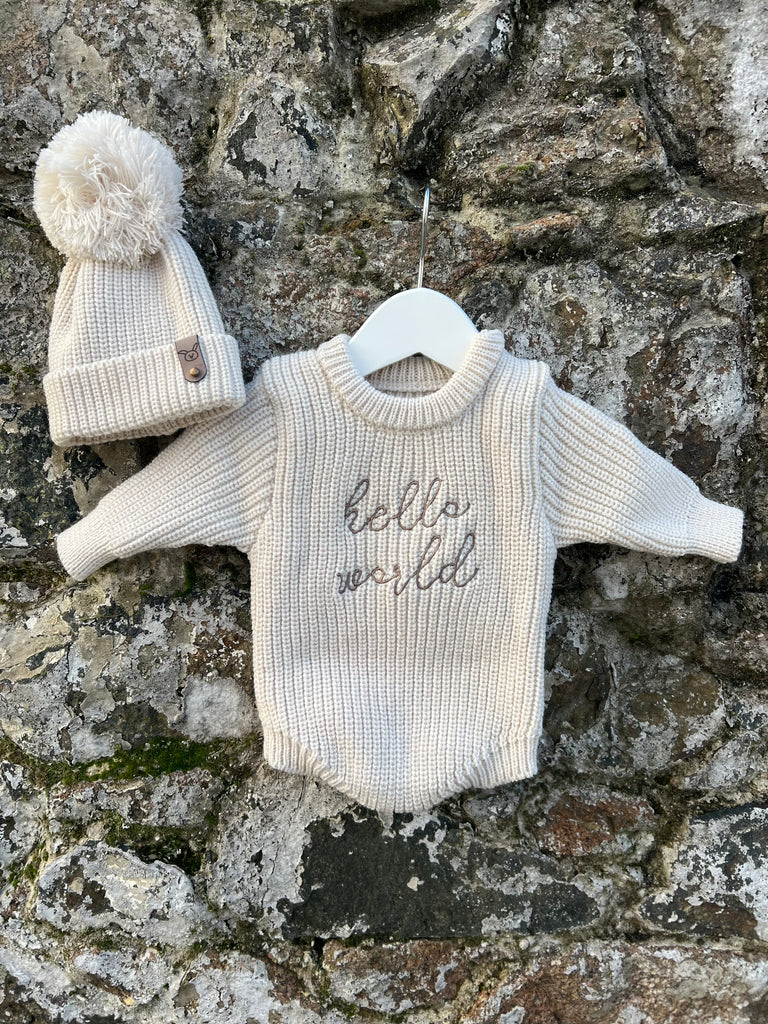 ‘HELLO WORLD’ KNIT ROMPER AND HAT SET