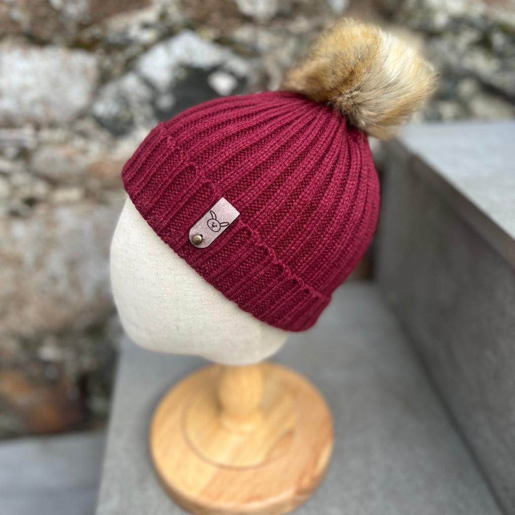 Burgundy Knit Bobble Hat