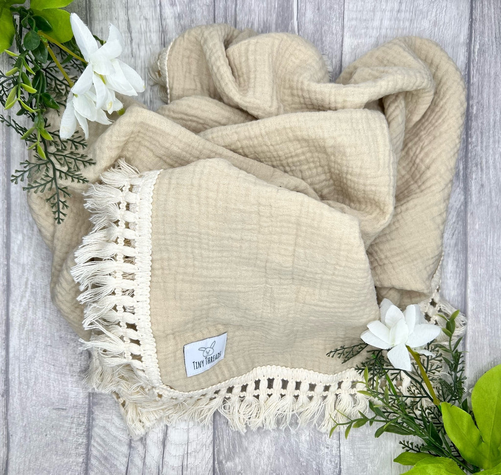 Beige Tassel Trim Blanket